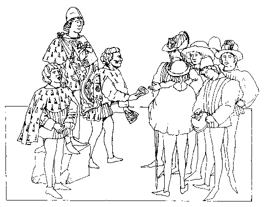 [Hereafter is shown the way and manner in which the king of arms, with the cloth of gold on his shoulder and the two captains and the arms of the judges painted at the four corners of the parchment, cries the tourney, and how the pursuivants give a little shield with the arms of the judges to all who wish to take part.]